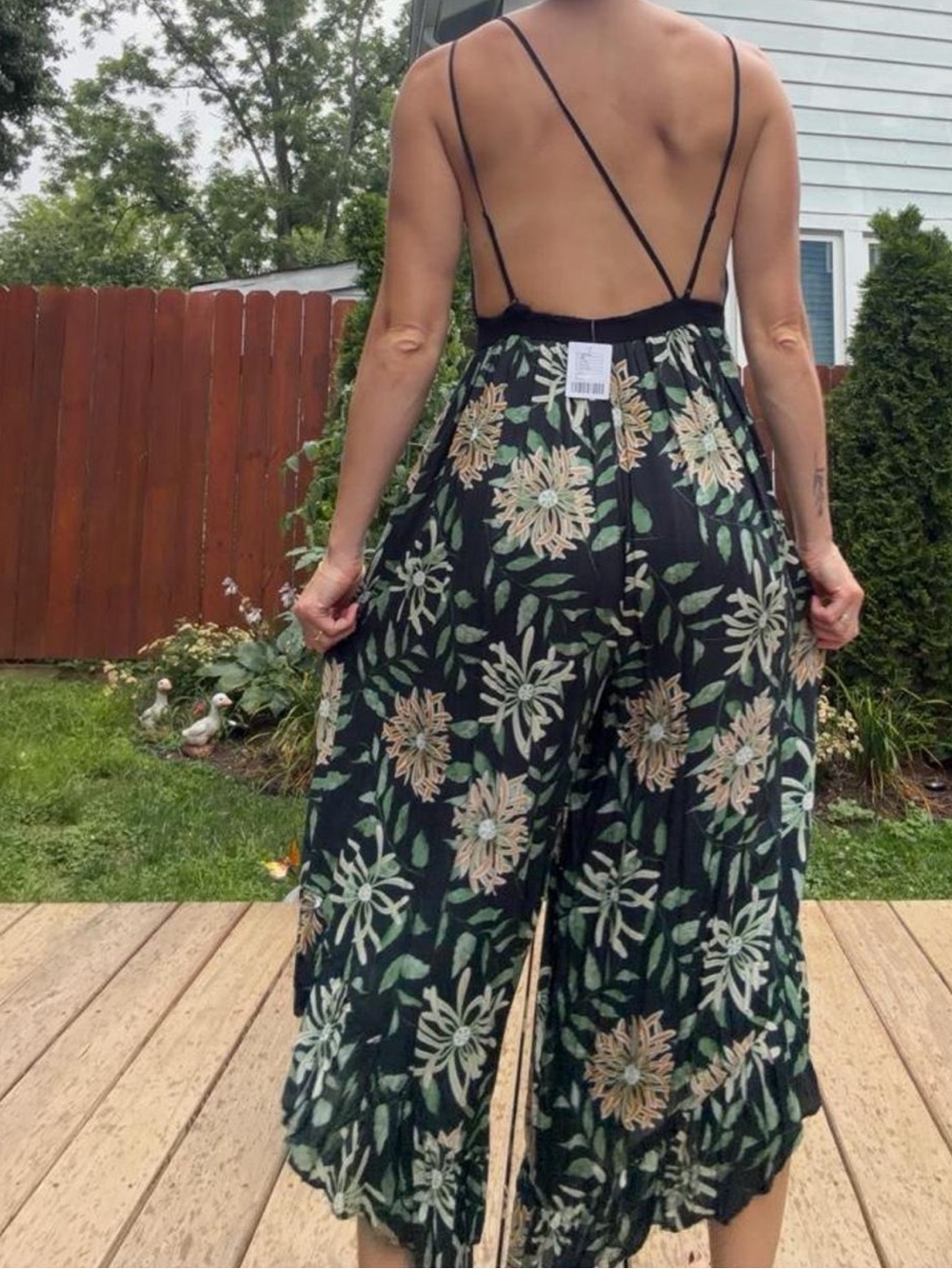 Urban Outfitters Black Floral Wide-Leg Jumpsuit with Green Leaf Print